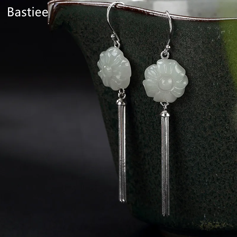

Bastiee Magnolia Flower Jewelry For Women Silver 925 Jewelry Inlaid Jade Jewelry Dangle Earrings Korean Earrings Long Earrings