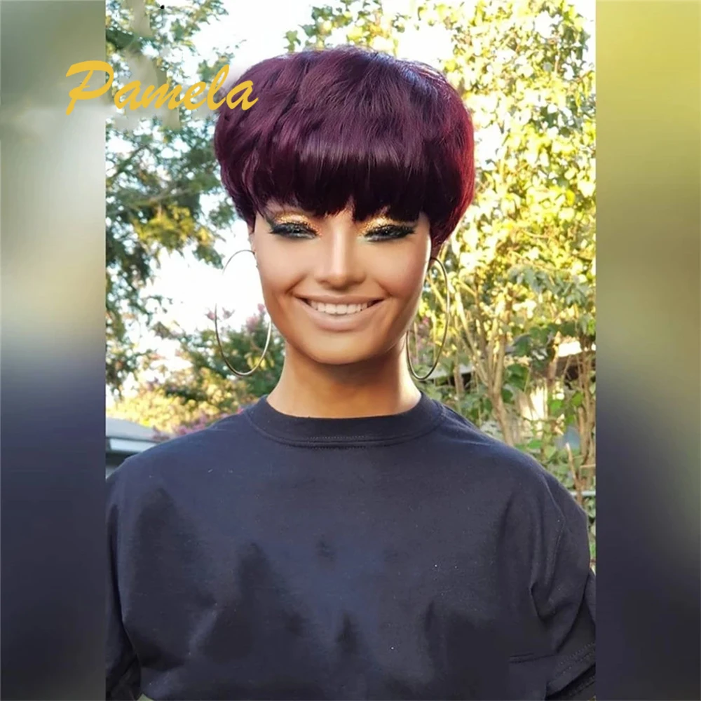 

Short Burgundy Pixie Cut Wig Straight Hair Wig Peruvian Remy Human Hair Wigs For Black Women 150% Glueless Machine Made Wig