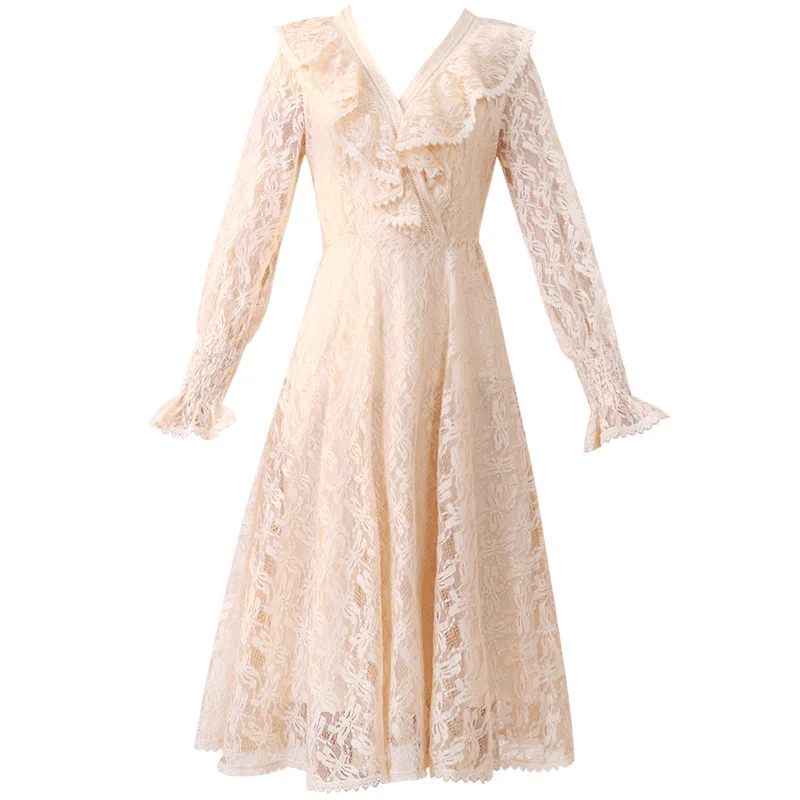 

Princess Women's Dress 2020 Spring Party Elegant Ladies V-Neck Ruffle Patchwork Flare Sleeve Large Swing Party Sexy Lace Dress
