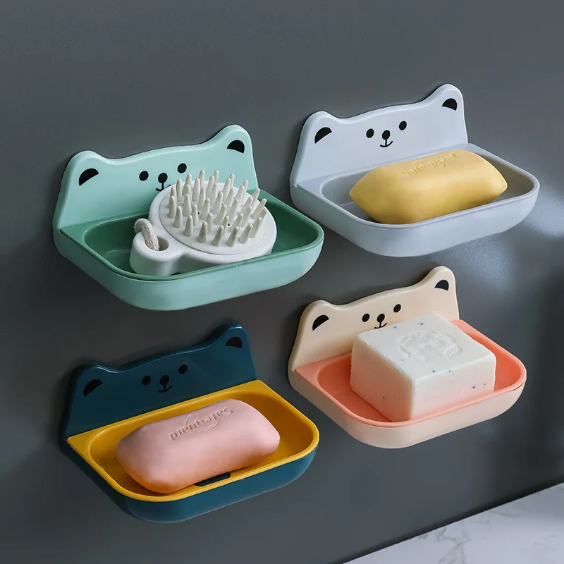 

Creative cartoon bear soap box wall-mounted drain soap box free punch paste wall bathroom storage box