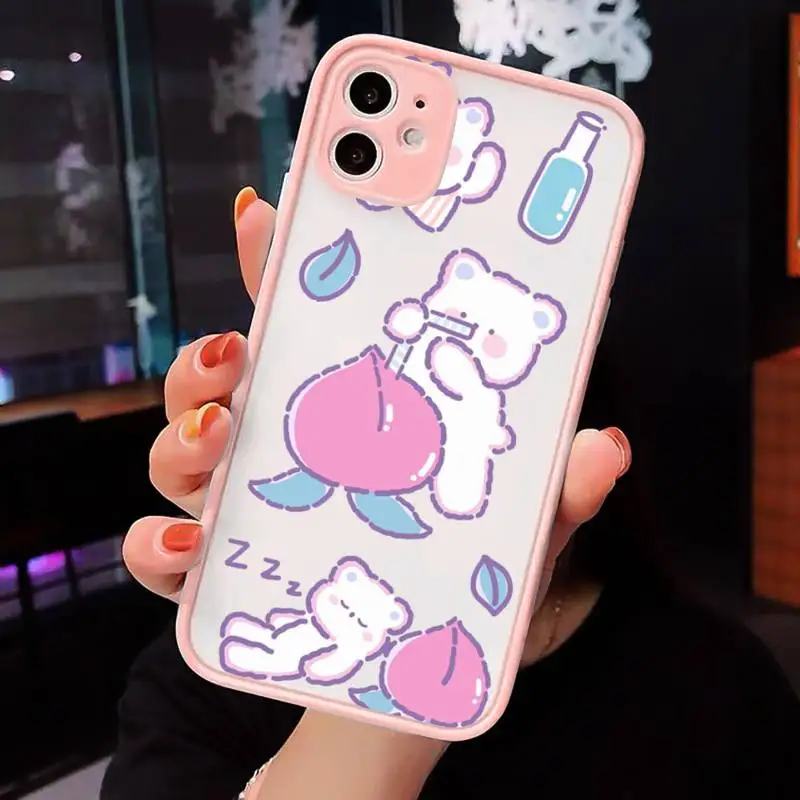 

Cute bear rabbit flower illustration Phone Case For iPhone 12 11 Mini Pro XR XS Max 7 8 Plus X Matte transparent Pink Back Cover