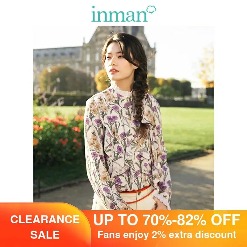 

INMAN Autumn Winter Elegant Medium High Collar Literary Vintgae Retro Floral Holiday Style Loose Long Sleeve Women Flower Blouse