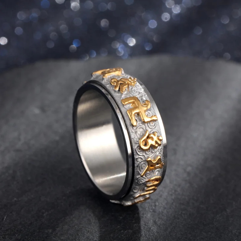 Религиозное ювелирное изделие Дамская мантра Золотое кольцо из нержавеющей