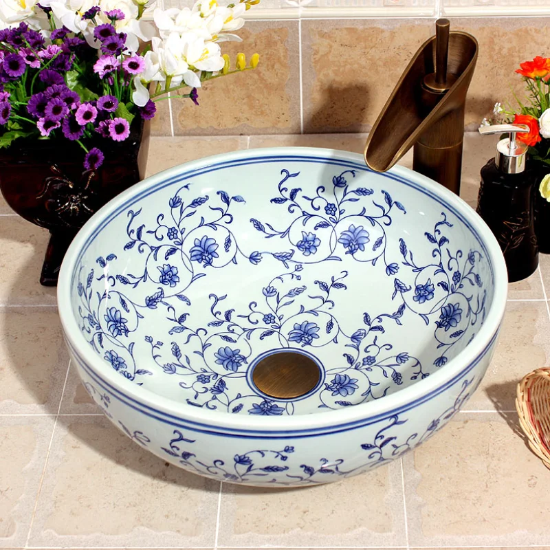 

Estilo Europeo azul y blanco rosa arte de Jingdezhen encimera ceramica superior lavabo fregadero lavabo redondo lavabo ceramica