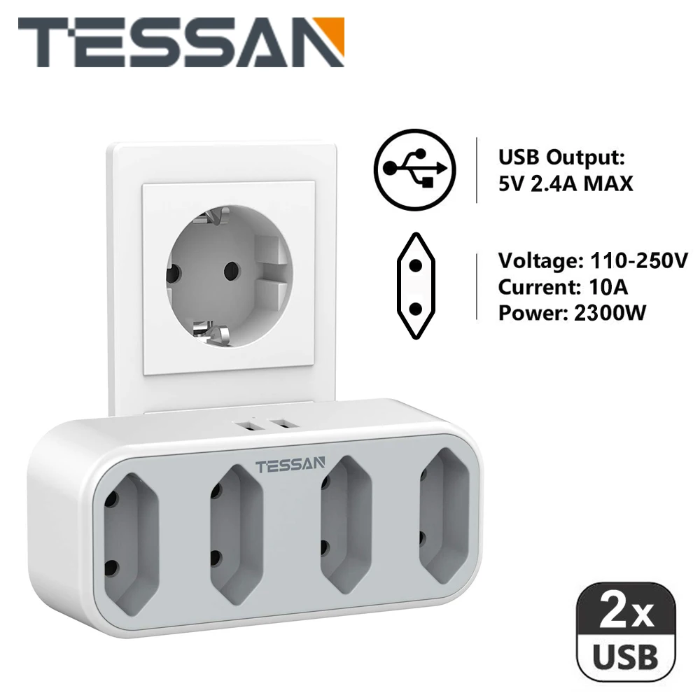 

TESSAN Wall Outlets Extender with 4 EU Outlets and 2 USB Ports Slight LED Light, Type-E/F Plug Socket Power Strip for Smartphone