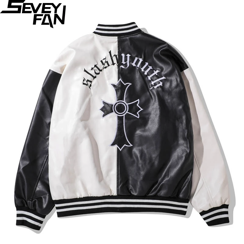 

Куртка SEVEYFAN мужская из экокожи, модная бейсбольная куртка в стиле пэчворк, с перекрестной вышивкой, пальто в стиле хип-хоп
