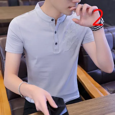 

Korean trendy slim-fit summer clothes stand-up collar cotton bottoming shirt men's