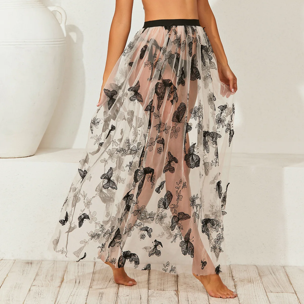 

Swimsuit Cover Ups For Women Chiffon Beach Tie Wrap Skirt Sexy Long Bikini Sheer Scarf Bathing Suit Bottom Embroidered