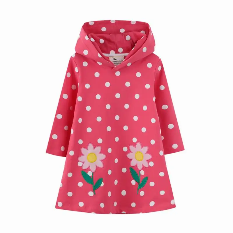 

Jumping Meters Autumn Winter Girls Flowers Hooded Long Sleeve Pink Point Dresses Children's Cotton Casual Toddler Kids Frocks