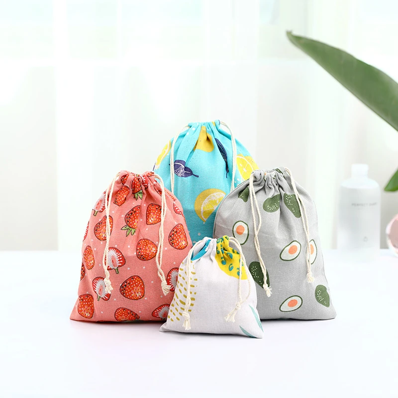 

Cotton Linen Fabric Pouch Drawstring Bag Cute Fruit Print Kids Travel Cloth Shoes Storage Bag Makeup Case Christmas Gift Bag
