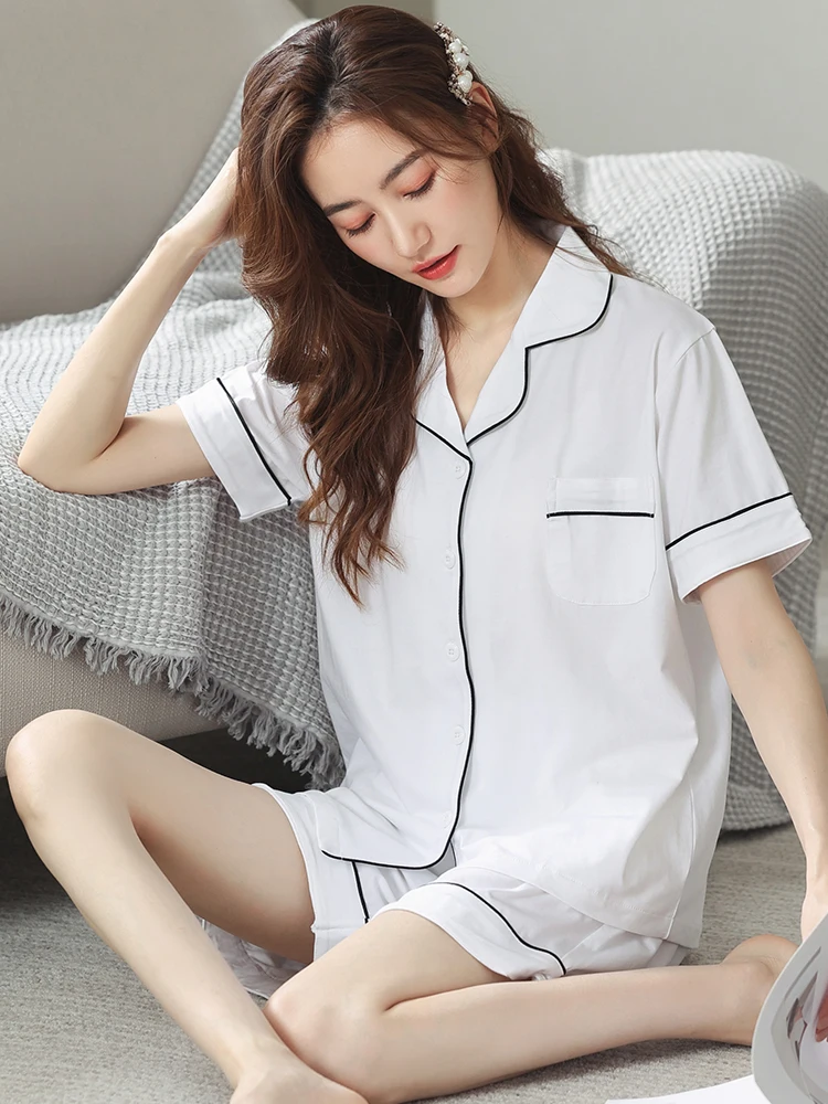 2021New Pure Cotton Pajamas Set for Women Summer Short Sleepwear Pyjama Home Clothes Female Short Set Summer Cotton Pijama Mujer