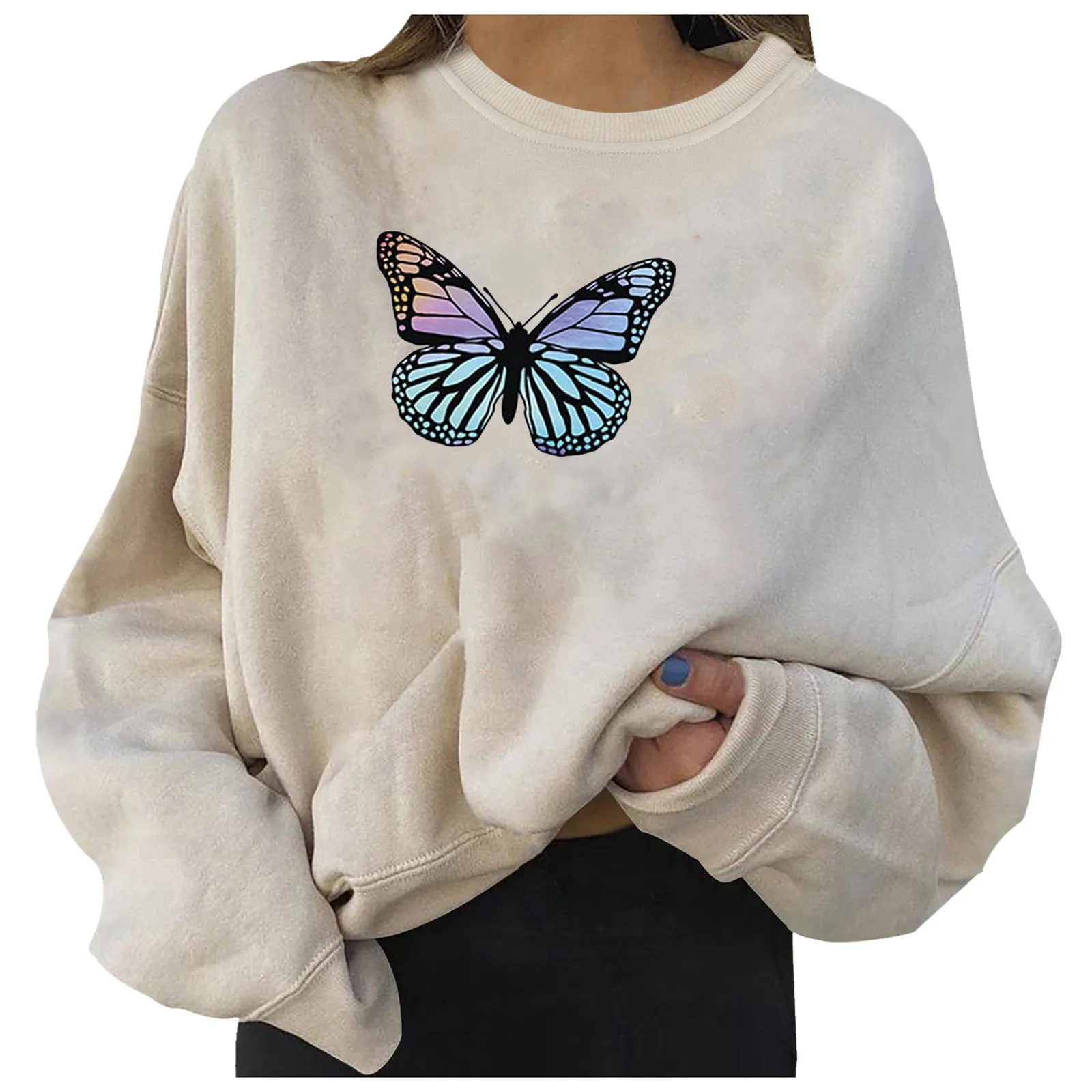 

Butterfly Print Graphics Sweatshirts For Girls Streetwear Casual Long Sleeve Round Neck Hip Hop Hoodie Top Loose Jumper Pullover