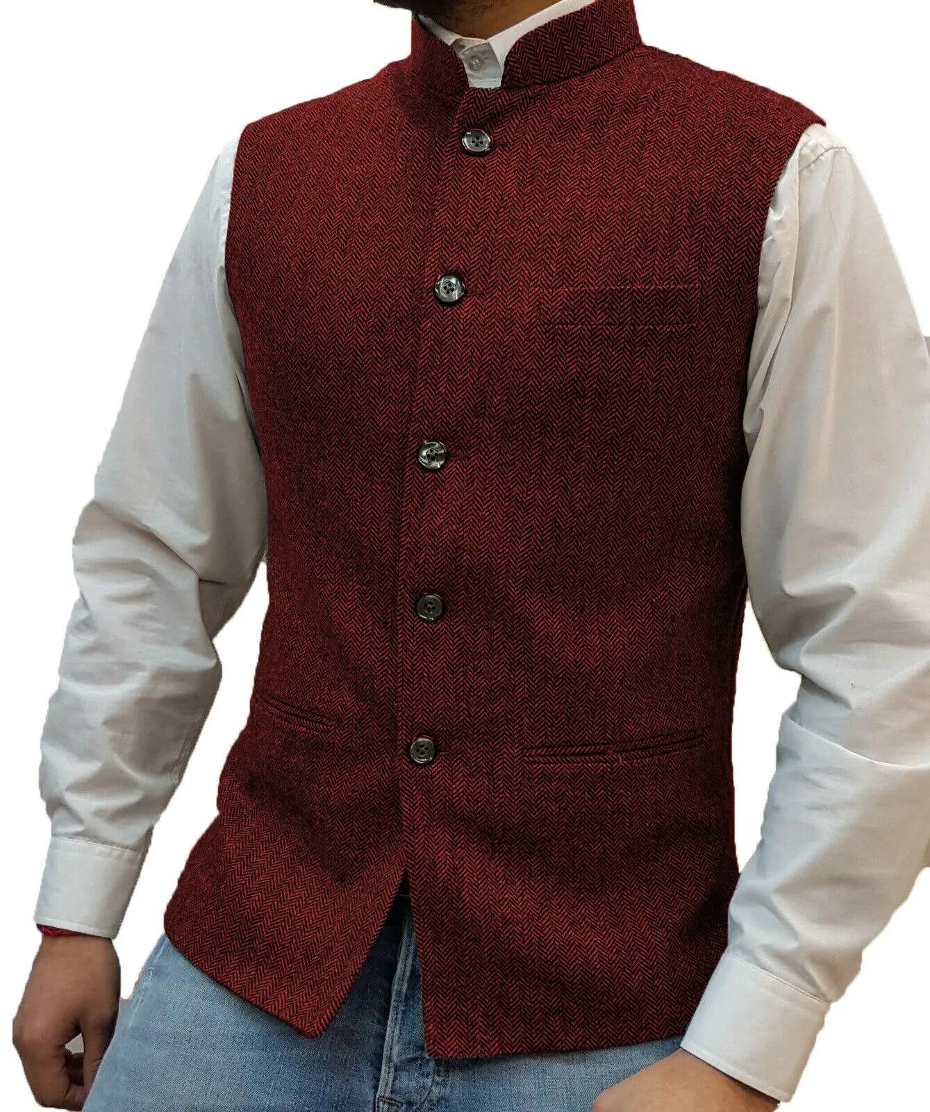 Men's Vest Stand-up Collar Herringbone Suit Vest Steampunk Style Wedding Groom Waistcoat