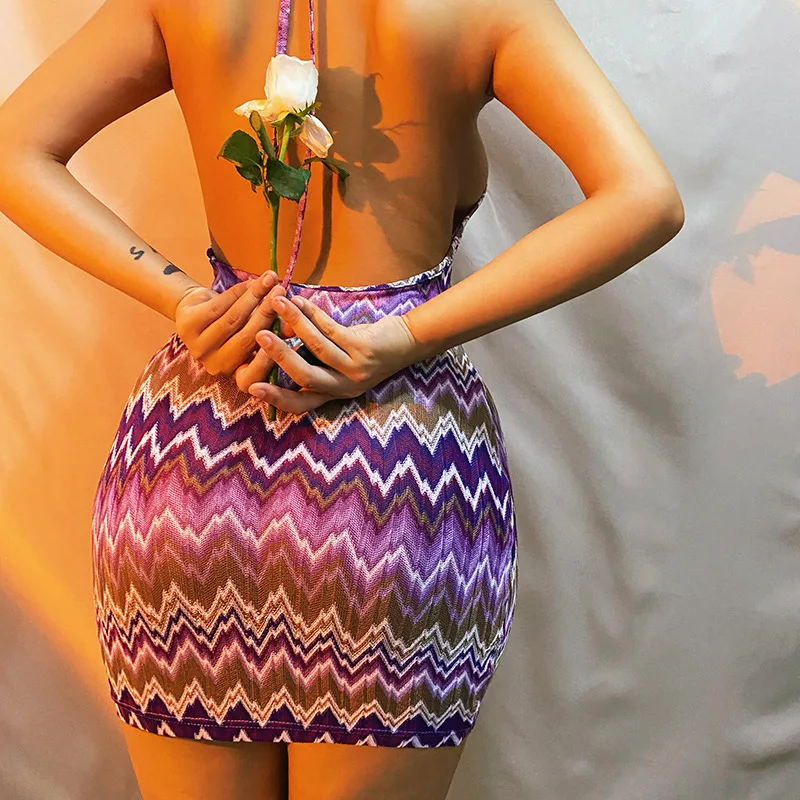 

CIBBAR Printing Halter Mini Dress Women Sexy Backless Skinny Sleeeveless Vintage Hipster Elegant Party Club Skirts Streetwear