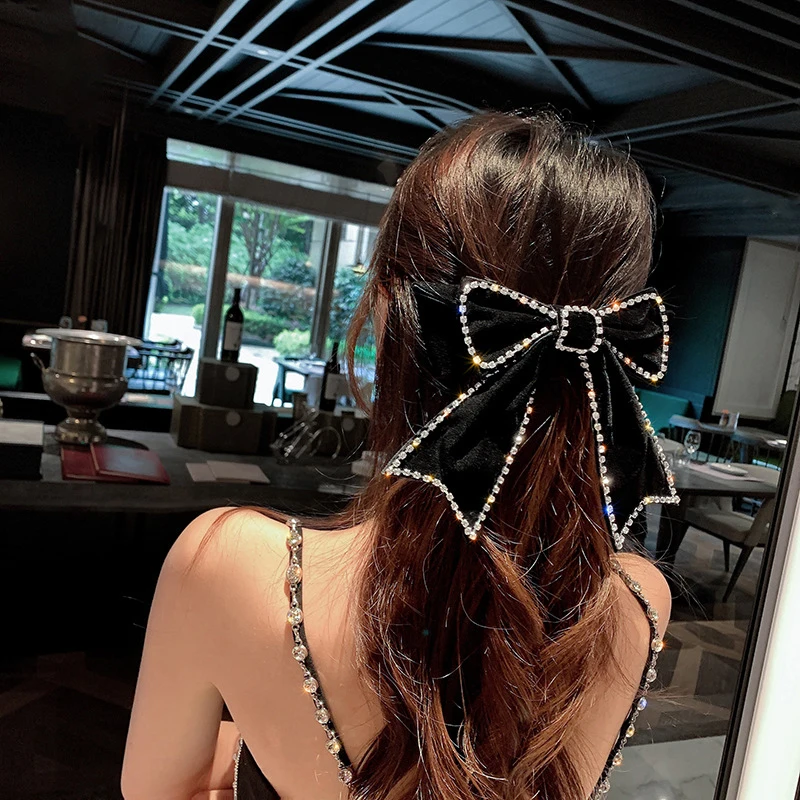 

2021 Autumn Winter Velvet Barrettes Big Bow Crystal Hair Clip Korean Ponytail Clip Hairgrip For Women Hair Accessories Elegant