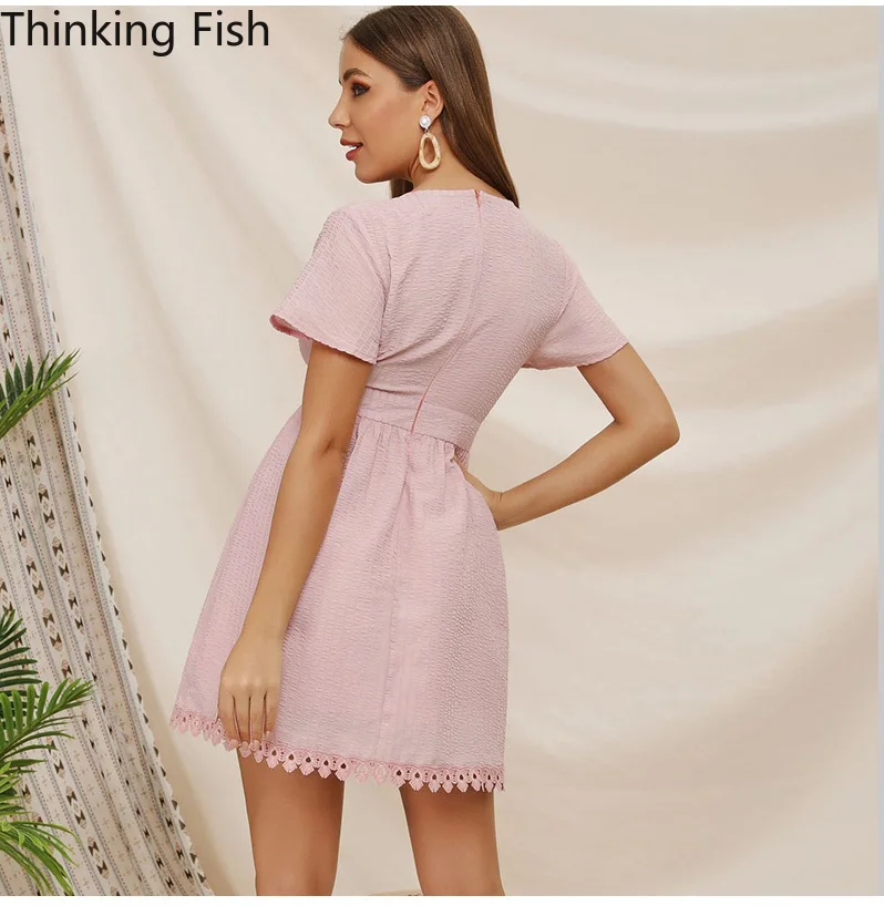 

Summer Female V-neck Lace Dress Elegant Ladies Solid Mosaic of Mini Vestido Sexy Pink Dress with Short SleevesL045