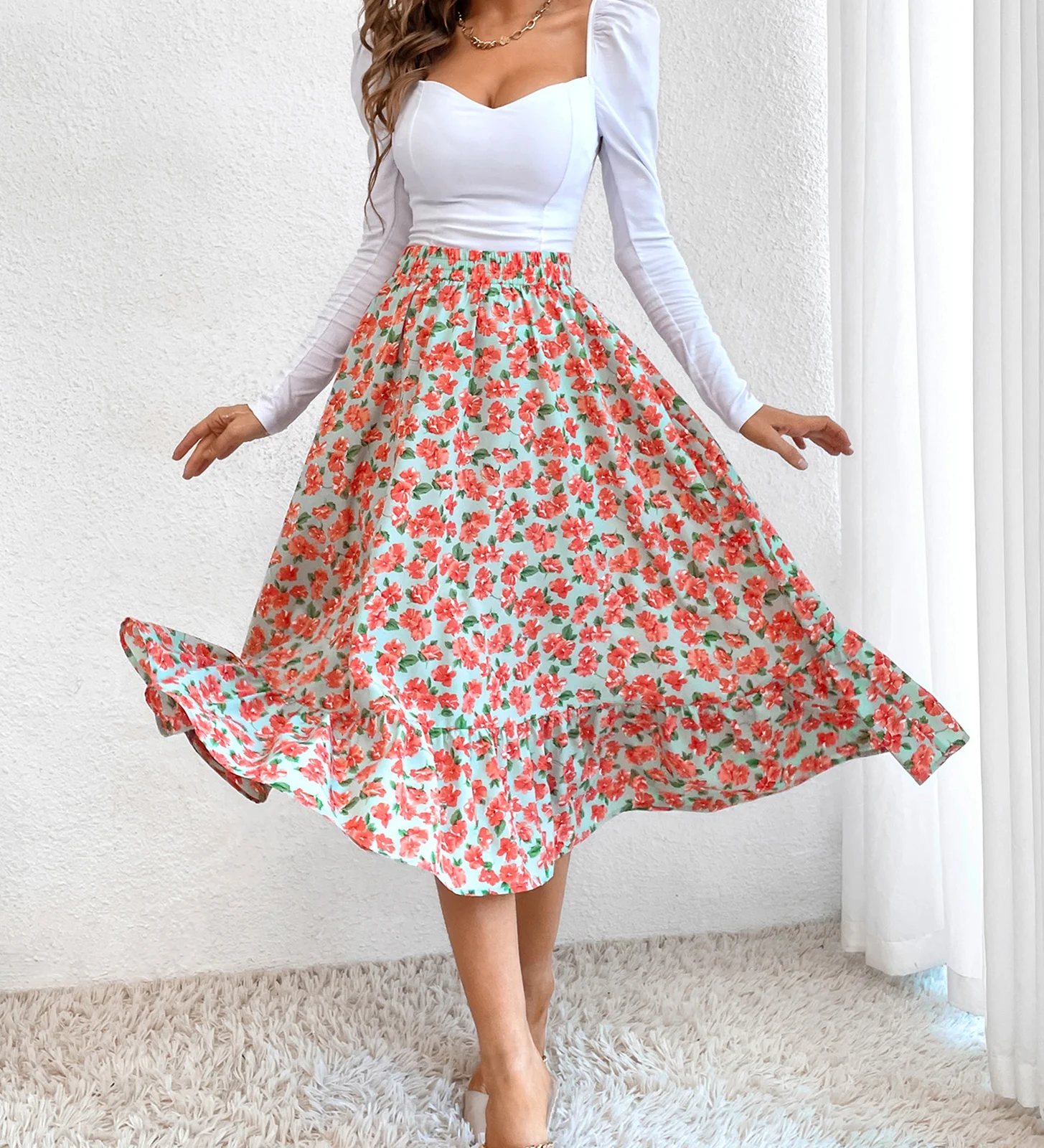 

Women's Mid-Length Skirts Floral Printed High Waist A-Line Elastic Waist Skirts Casual Street Style Bottoms