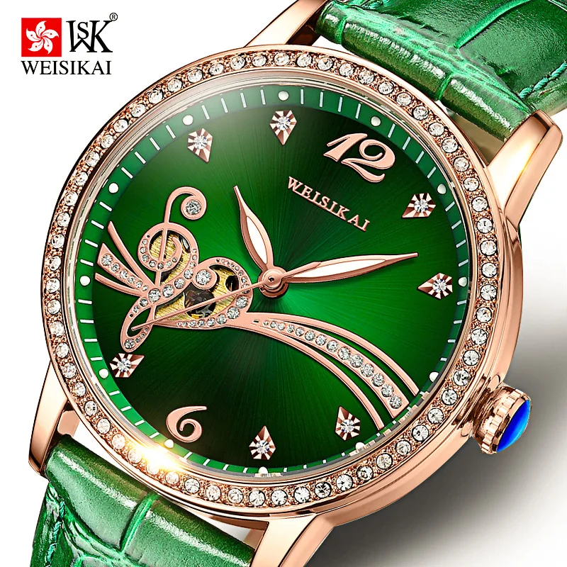 

2021 Women Automatic Rhinestones Green Watches WEISIKAI Brand Luminous Hands Hollow Love Face Lady Mechanical Wristwatch 6022