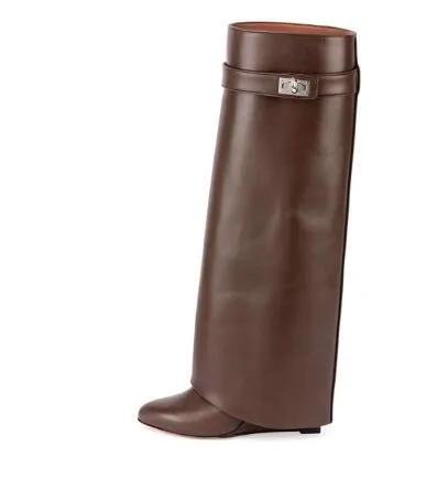 Женские сапоги до колена на танкетке с замком акулы; женские мотоциклетные сапоги без застежки с отворотами; женские сапоги из натуральной кожи, визуально увеличивающие рост - Цвет: picture 17