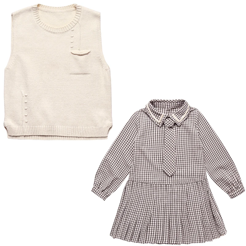 

New Preppy Style Girls Plaid Dress Suit Turn-down Collar Long Sleeve Spring and Autumn Kids Clothes for 4-15 Years Old Girls Set
