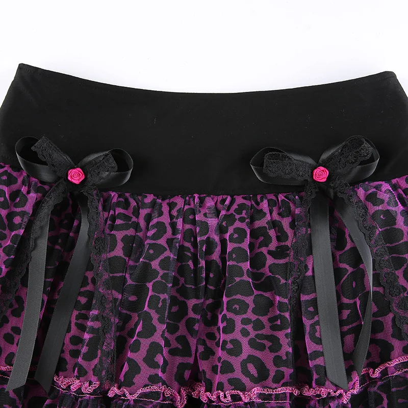 

Spring fashion women's sexy high-waist lace leopard-print bow skirt