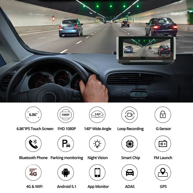 Anfilite Универсальный многофункциональный 6 86 &quotAndroid 4G adas Автомобильная камера в