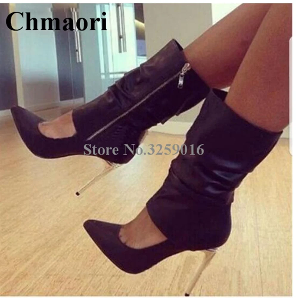 

Pointed Toe Black Leather Mid-calf Gladiator Boots Women Spring Fashion Stiletto Heel High Heel Boots Dress Shoes