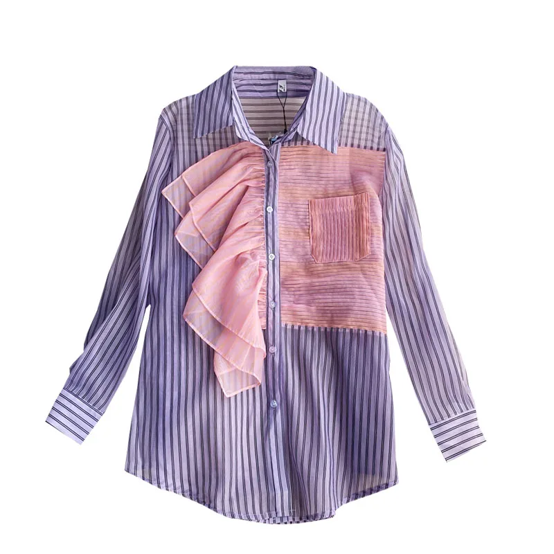 

2021 Spring Autumn New Fashion Casual Striped Shirt Women's Chic Ruffled Splicing Loose Long Sleeve Shirt Tops Ladies Blouse