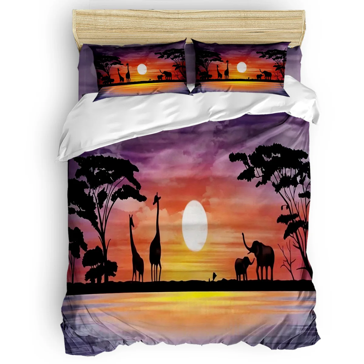 

Giraffe Elephant Grassland Sunset Duvet Cover Set Warm and Comfortable Bed Sheet Bedroom Comforter Set 2/3/4pcs Bedding Set