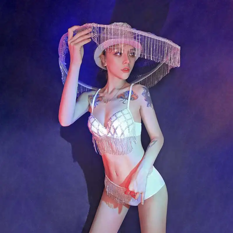 

Bar Ds Performance Clothing Nightclub Sexy Stage Costume Tassel Hat Bikini Pole Dance Rave Suit Female Festival Outfit DN6352