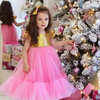 Custom Baby Girls Dresses Pink Tulle Gold Sequined Top O Neck Princess Party Gown Tea Length Girls Birthday Clothes 1-14Years