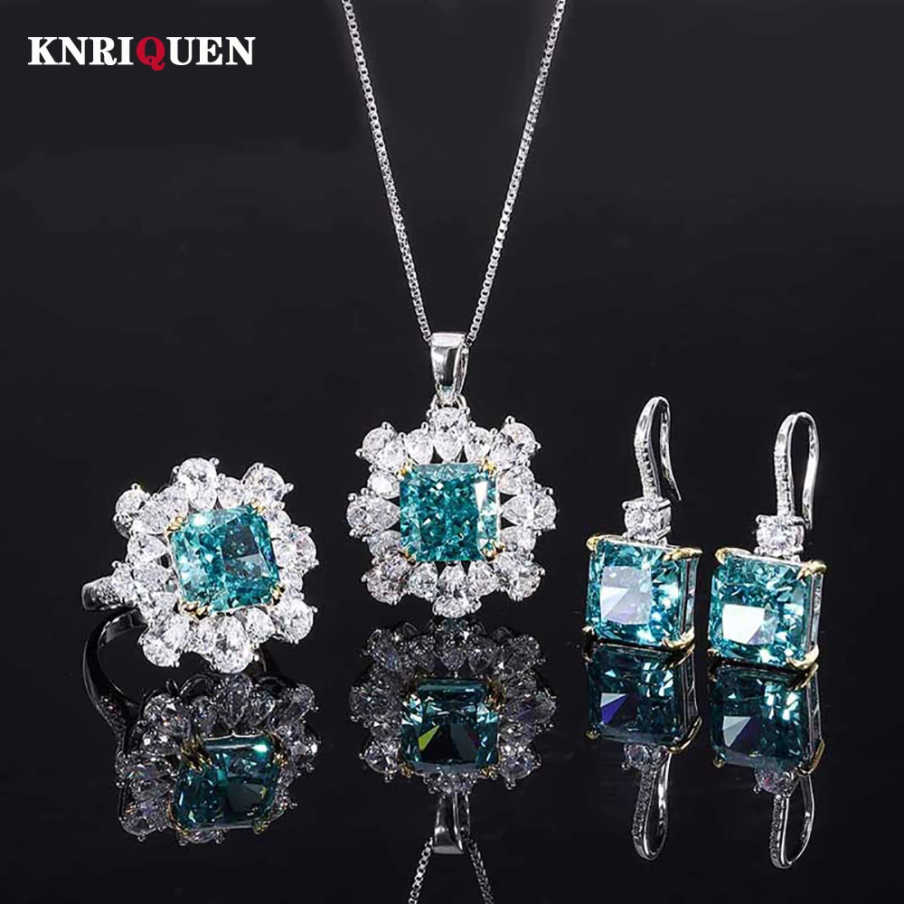 

Luxury 100% 925 Sterling Silver 10*10mm Mint Green Tourmaline Necklace Pendant Earrings Rings for Women Wedding Fine Jewelry Set