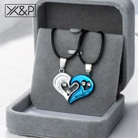 xp romantic crystal heart metal couple pendant necklaces for women man black leather rope chain jewelry collares de moda 2019