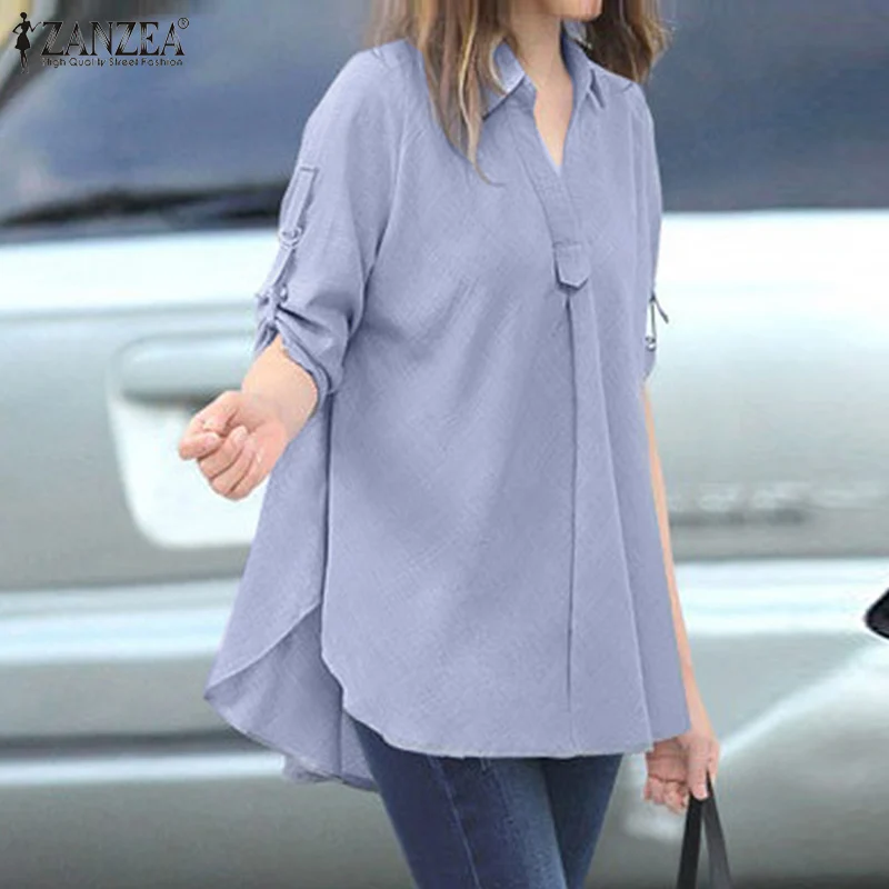 

Autumn Irregular Hem Tunic Tops Office Work Chemise ZANZEA Elegant Solid Blouse Women Casual 3/4 Sleeve Lapel Shirt Femme Blusas