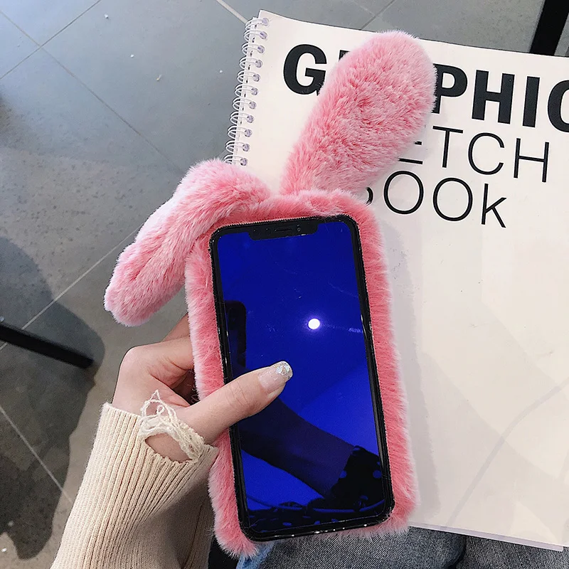 Fur Plush Cute Warm Rabbit Ears Phone Case For OPPO Realme X7 XT X2 Pro C25 C21 C15 C12 C11 C3 Reno 5F 4Z A5 A9 A31 A53 A15 A54