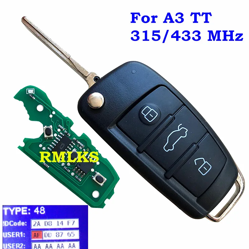 Flip Remote Key Fob 315MHz 433MHz ID48 Chip Fit For Audi TT A4 3 Buttons Folding HU66 Blade | Автомобили и мотоциклы