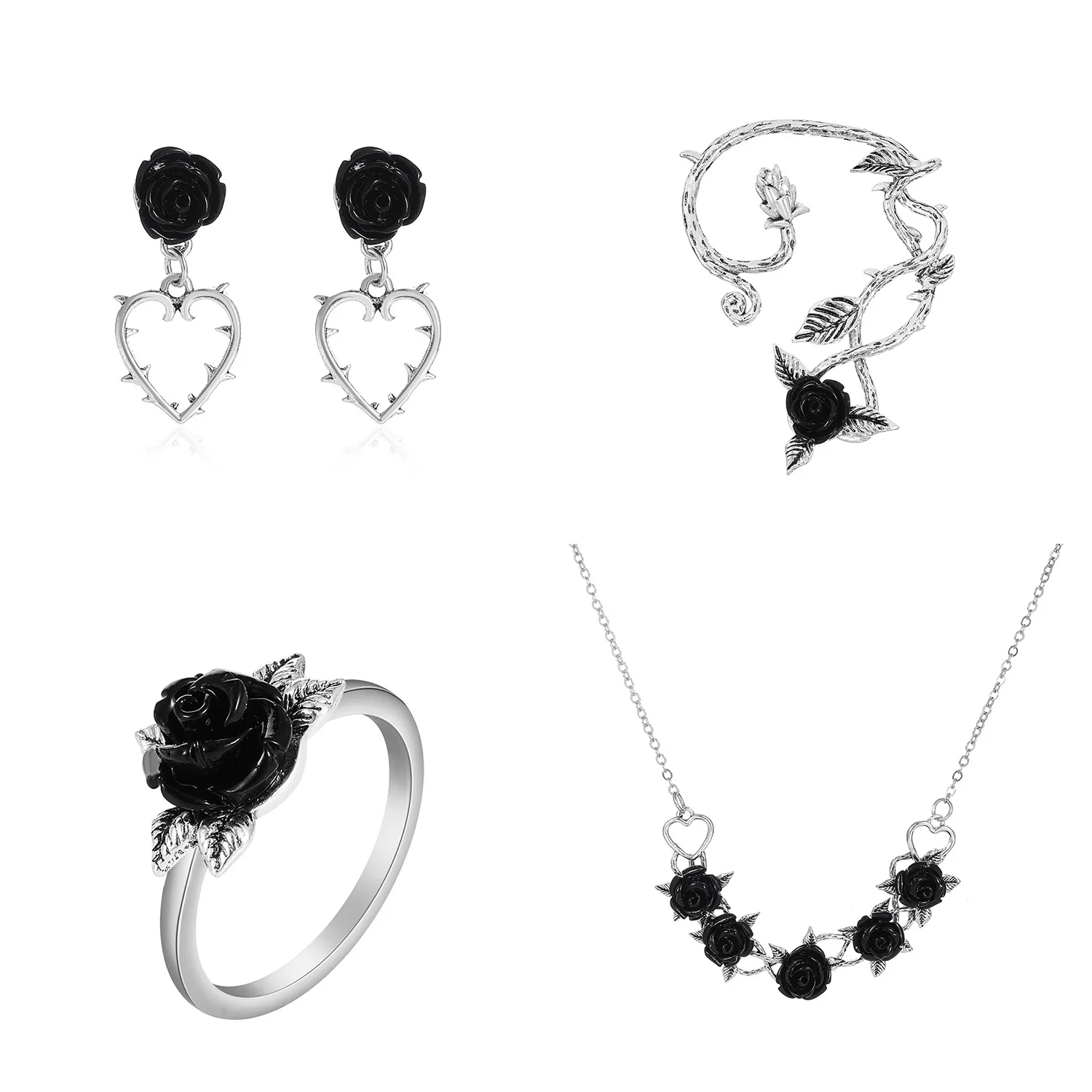 

Simple Rose Necklace Ring Retro Simple Flower Ear Clip Ear Stud Set Valentine's Day Women Jewelry Accessories Pendant