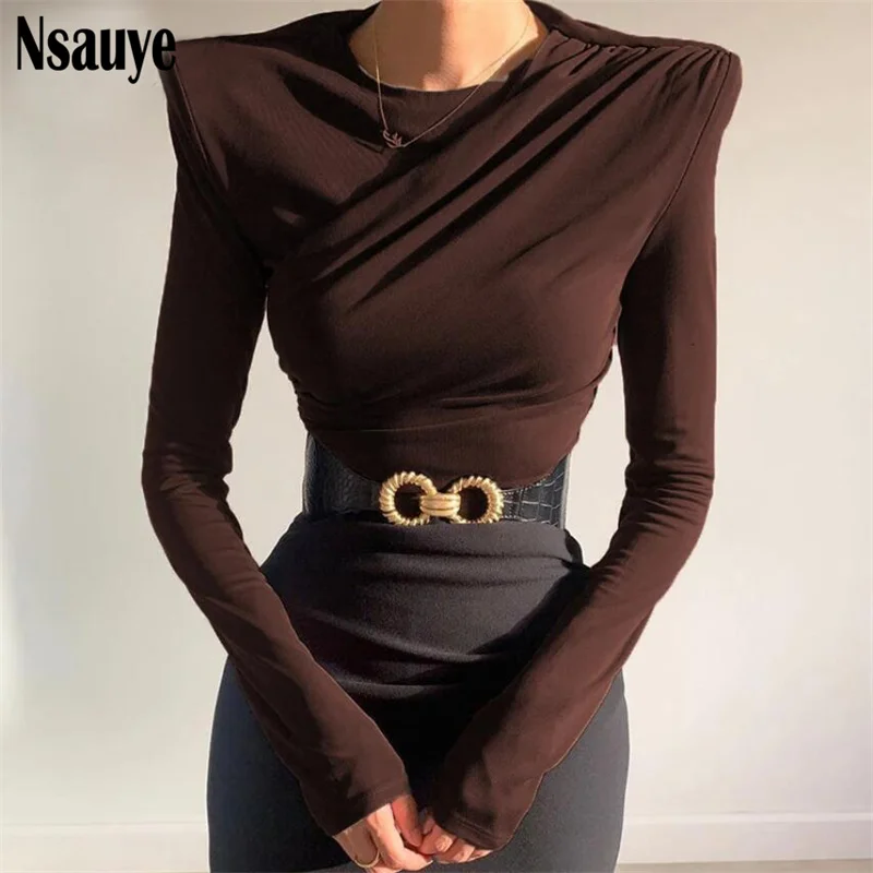 

Nsauye 2021 Осенняя мода Женская Y2K с рюшами плечевые накладки обтягивающая короткая футболка сексуальный клубный Топ с длинным рукавом и круглы...