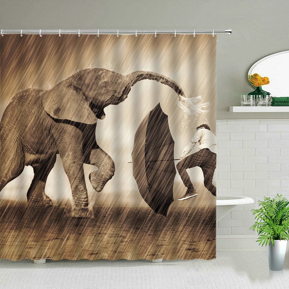 

Elephant Pattern Shower Curtain Funny Animal Bathroom Screen Cloth Curtains Printing Waterproof Fabric Background Wall Covering