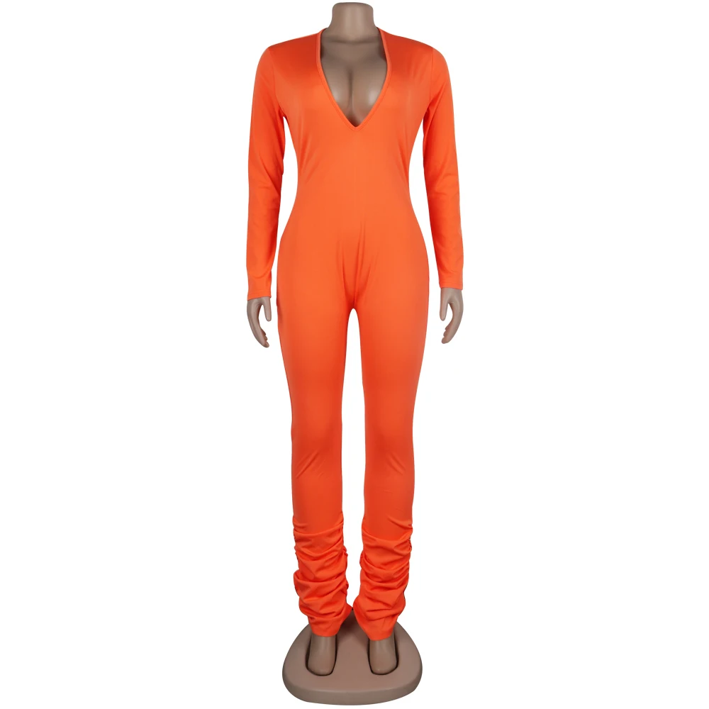 

Deep V Neck One Pants Rompers Womens Jumpsuit Long Sleeve Fold Leg Jumpsuits Stretchy Streetwear Outfits Body