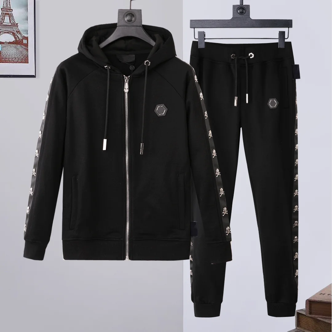 

Plein Top Brand Autumn and Winter Zipper Hot Rhinestone Skeleton Tide Brand PP Suit Men's Hooded Sports Casual Suit