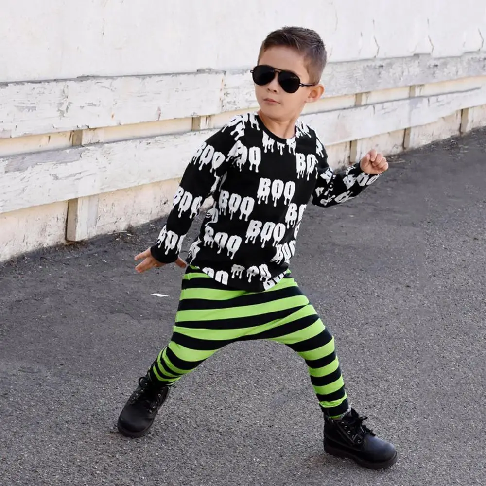 2019 Autumn Winter Fashion Toddler Baby Boy Girl Clothes Halloween Letter T-shirt Tops+Striped Pants Outfits |