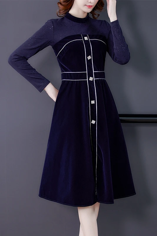 

COIGARSAM Women dress New Spring High Waist Dresses Dark Blue 1565