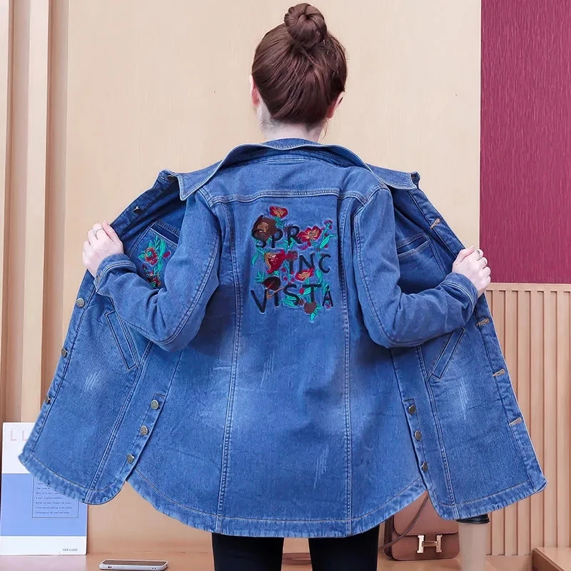 

Autumn Winter Embroidery Denim Jacket Plus Velvet Coat Women 2022 New Loose Mid-length Jeans Coat Thicken Cotton Coat