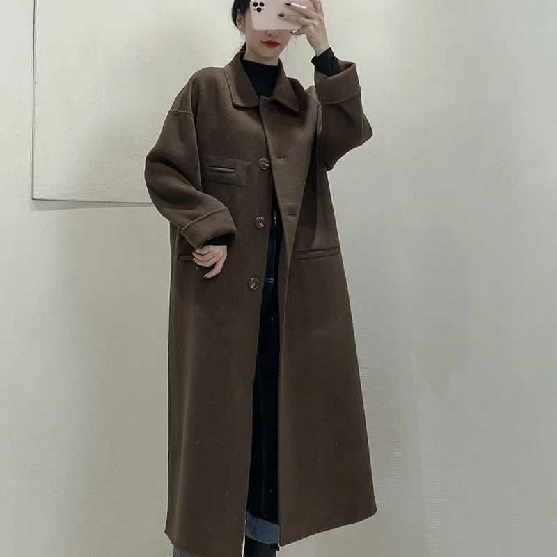 

Autumn and winter new British style knee length tweed coat women's medium and long silhouette loose thickened woolen coat