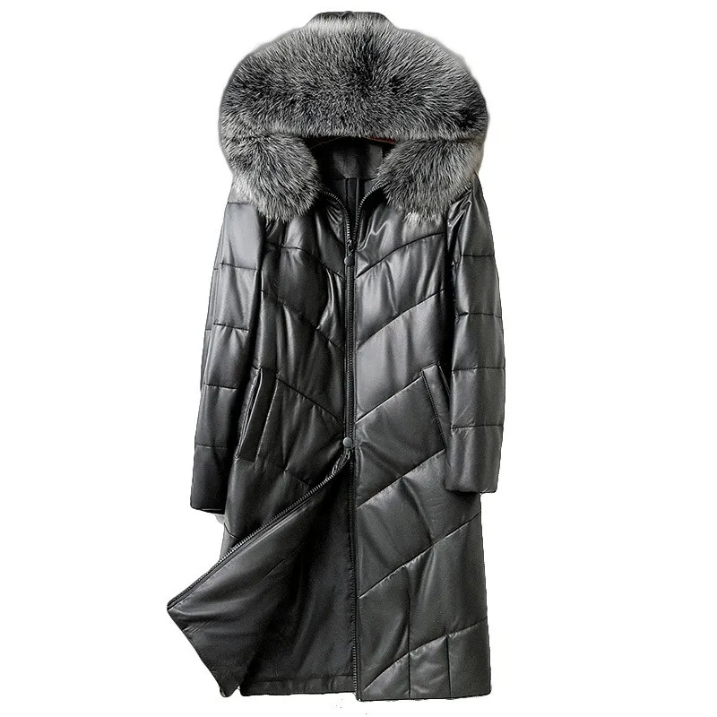 Женский зимний пуховик из натуральной кожи с воротником лисьего меха и капюшоном