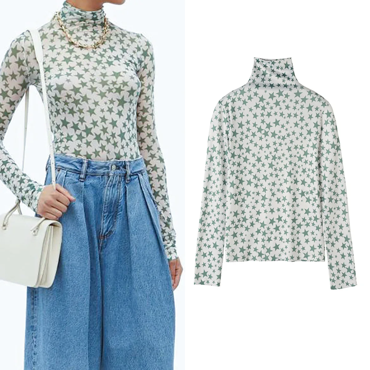 Женская футболка осенне зимняя Водолазка с длинным рукавом и принтом звезды