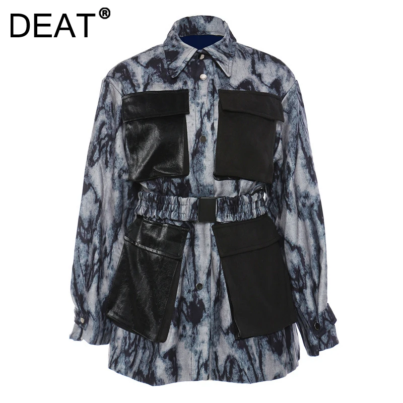 

DEAT 2021 New Winter Fashion Women Clothes Turn-down Collar Full Sleeves PU Leather Spliced Inks Color Jacket 7I610405