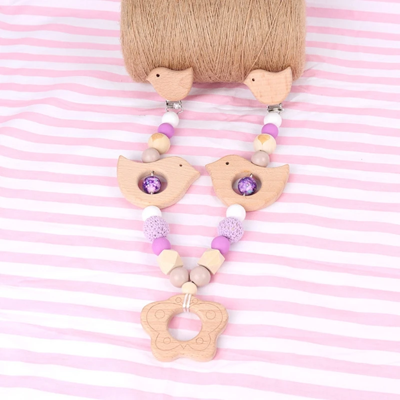 

3 Pcs/Set Baby Pram Pendant Rattle Pacifier Chain Clip Wooden Bracelet Teether