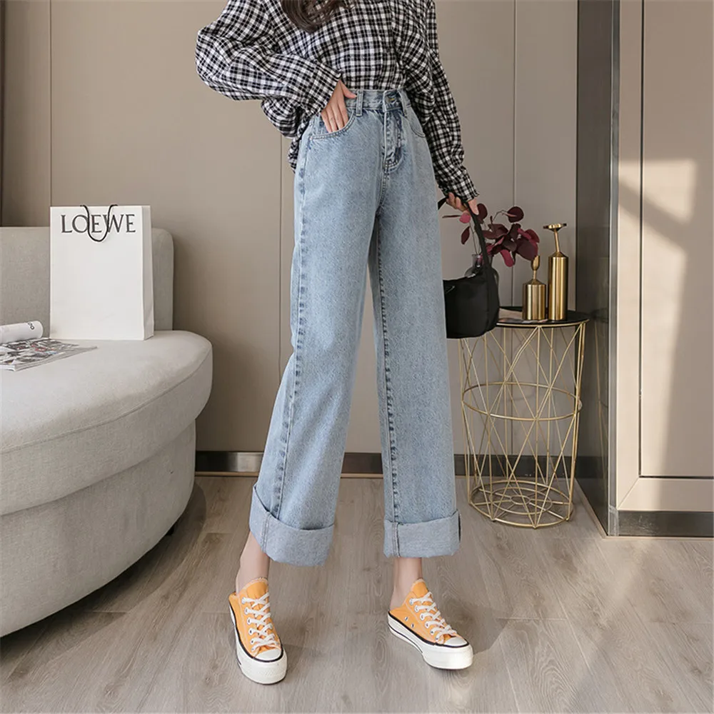 

WomenWinterFallFashionKoreanSolidColorDenimPantsOfficeLadyCasualLooseStraightTrousersFemaleHighWaistWildJeans